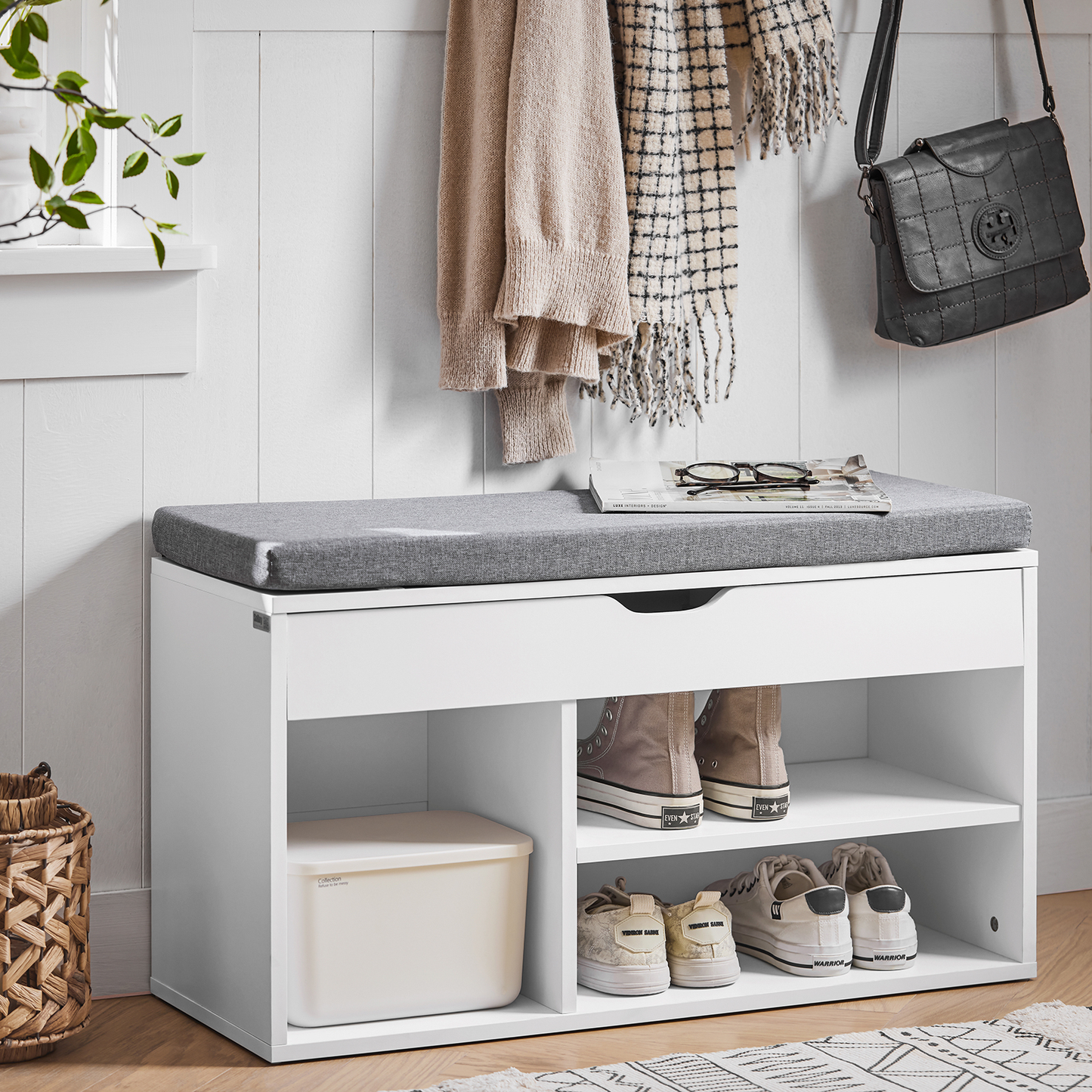 SoBuy FSR45-HG, meuble de rangement pour chaussures, banc à chaussures avec plateau relevable et coussin gris