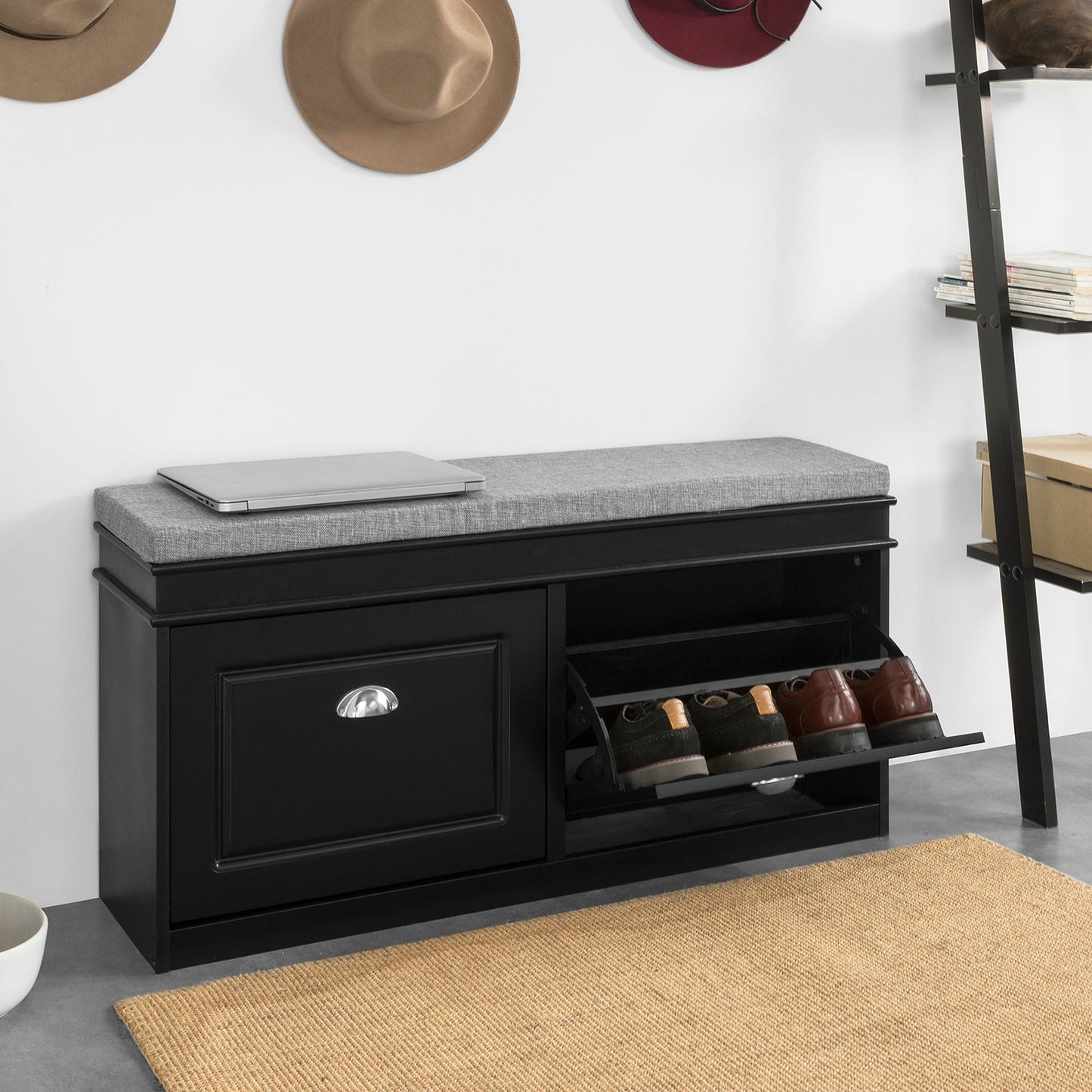 Banc à chaussures d'entrée SoBuy avec étagère à chaussures, meuble à chaussures avec tiroir rabattable et coussin d'assise FSR64-SCH
