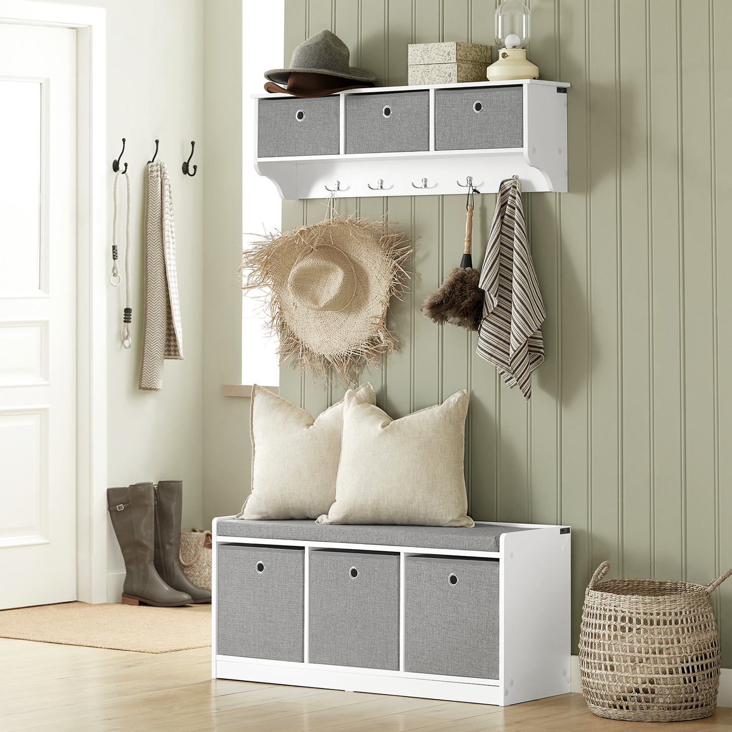 SoBuy FSR65-DG, banc de rangement à 3 paniers pour entrée ou chambre, banc à chaussures, meuble à chaussures avec coussin d'assise