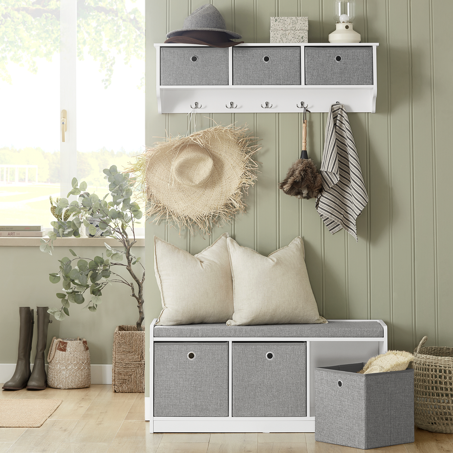 SoBuy FSR65-DG, banc de rangement à 3 paniers pour entrée ou chambre, banc à chaussures, meuble à chaussures avec coussin d'assise