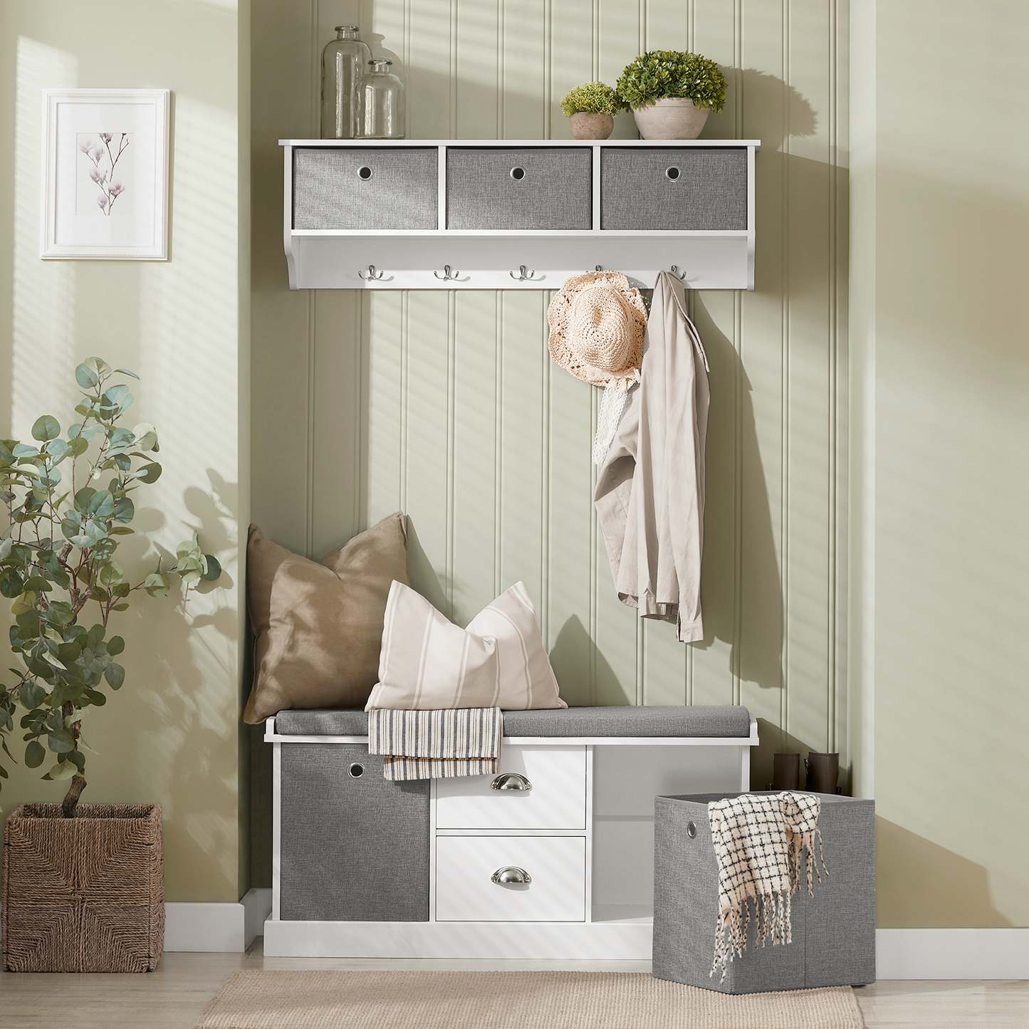 SoBuy FSR66-HG, banc de rangement pour entrée ou chambre avec 2 paniers et 2 tiroirs, meuble à chaussures et coussin d'assise.