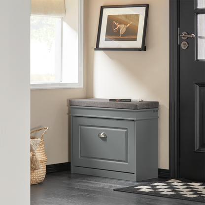 SoBuy FSR82-K-HG, Meuble à chaussures, Banc à chaussures d'entrée avec tiroir rabattable et coussin d'assise, Gris