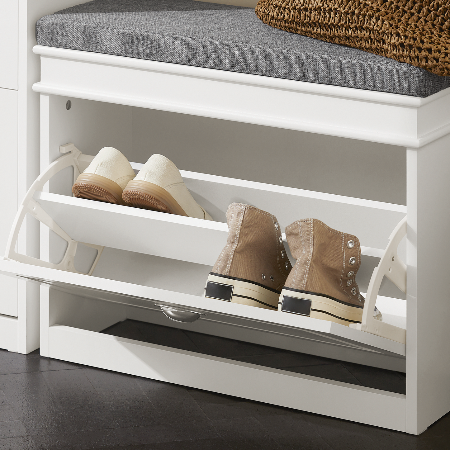 SoBuy FSR82-KW, Banc à chaussures d'entrée avec étagère à chaussures, meuble à chaussures avec tiroir rabattable et coussin d'assise