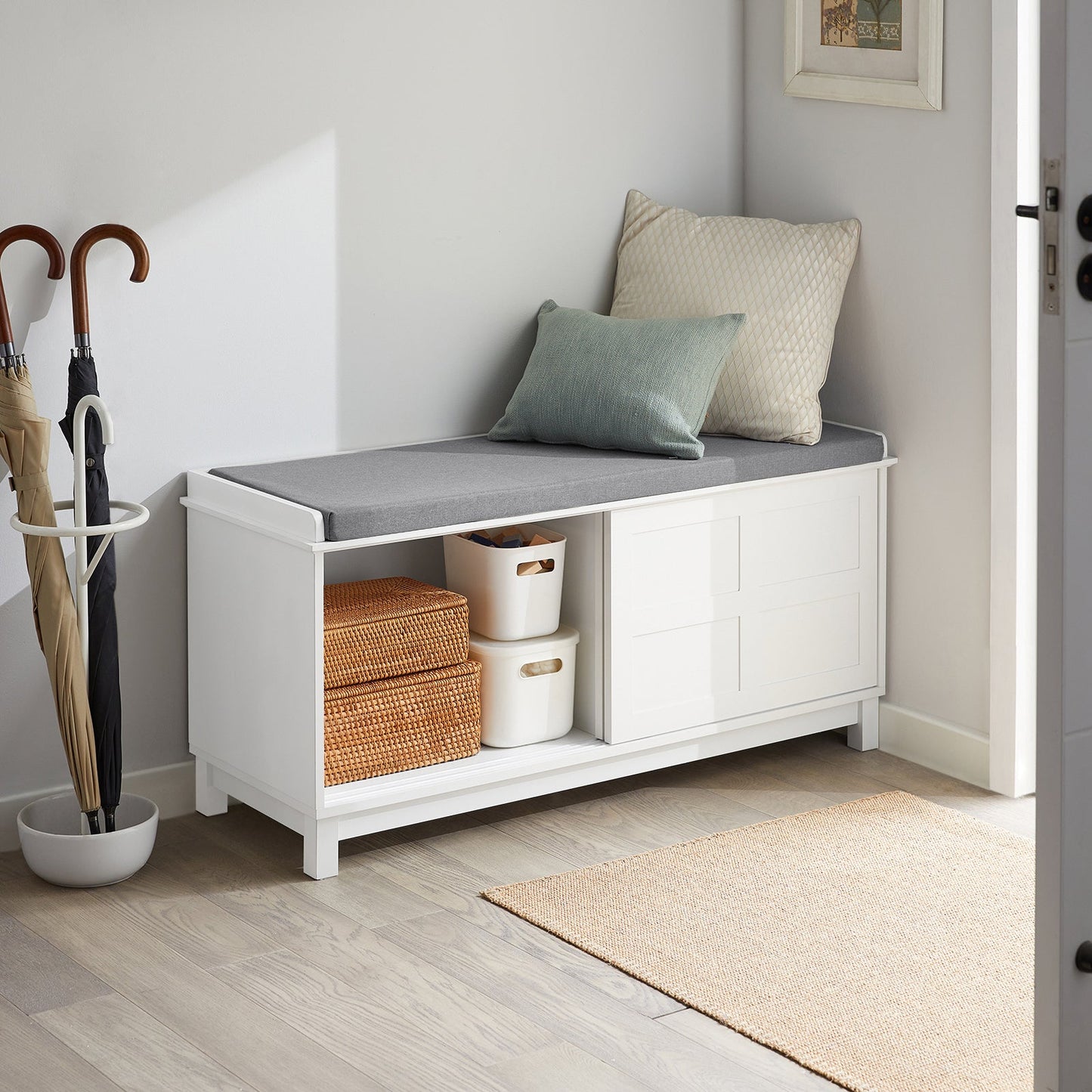 Banc à chaussures d'entrée SoBuy FSR86-W avec 2 portes coulissantes et coussin d'assise