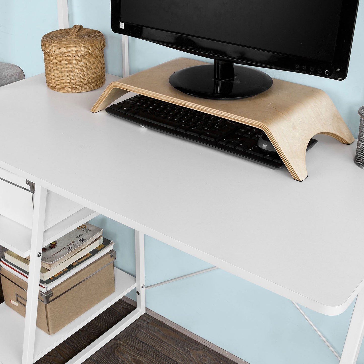 Table d'ordinateur de bureau blanche en bois avec étagère de rangement SoBuy Home, FWT29-W