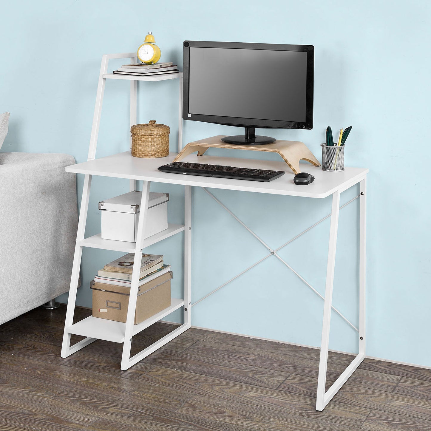Table d'ordinateur de bureau blanche en bois avec étagère de rangement SoBuy Home, FWT29-W