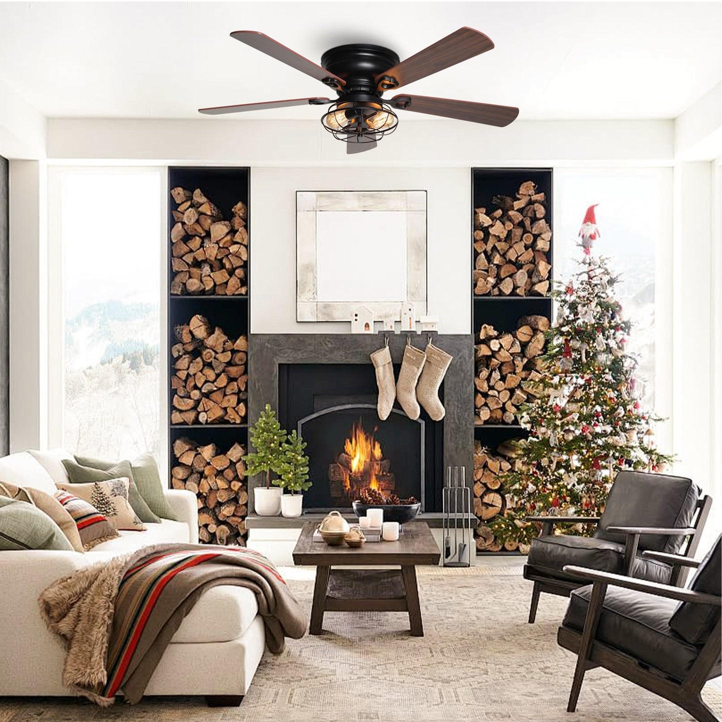 Farmhouse 48-in Wood 5-Blade Low Profile Flush Mount Black Ceiling Fan with Remote and Light Kit