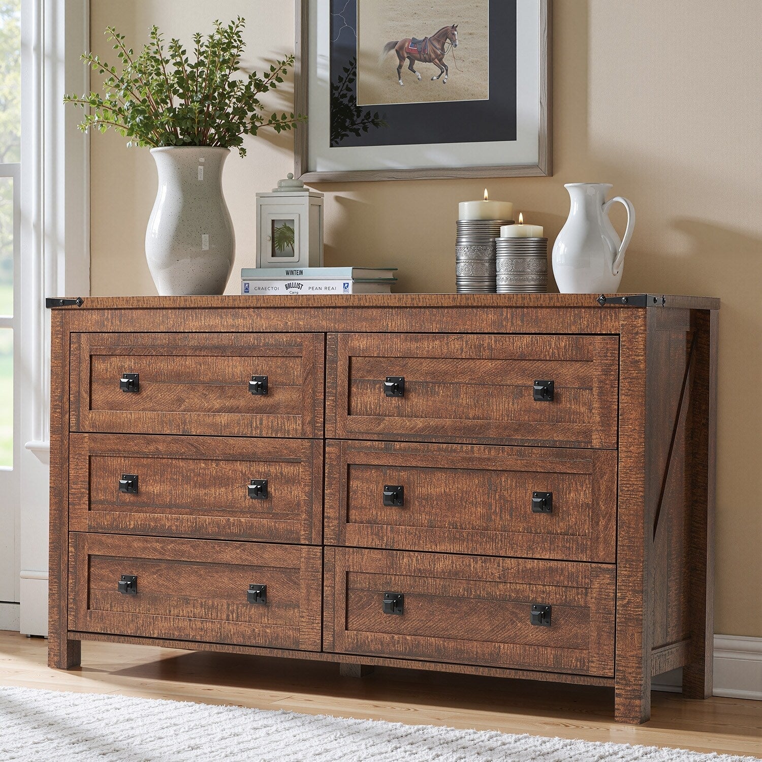 Farmhouse 6 Drawer Dresser, Wood TV Stand, Chest of Drawers
