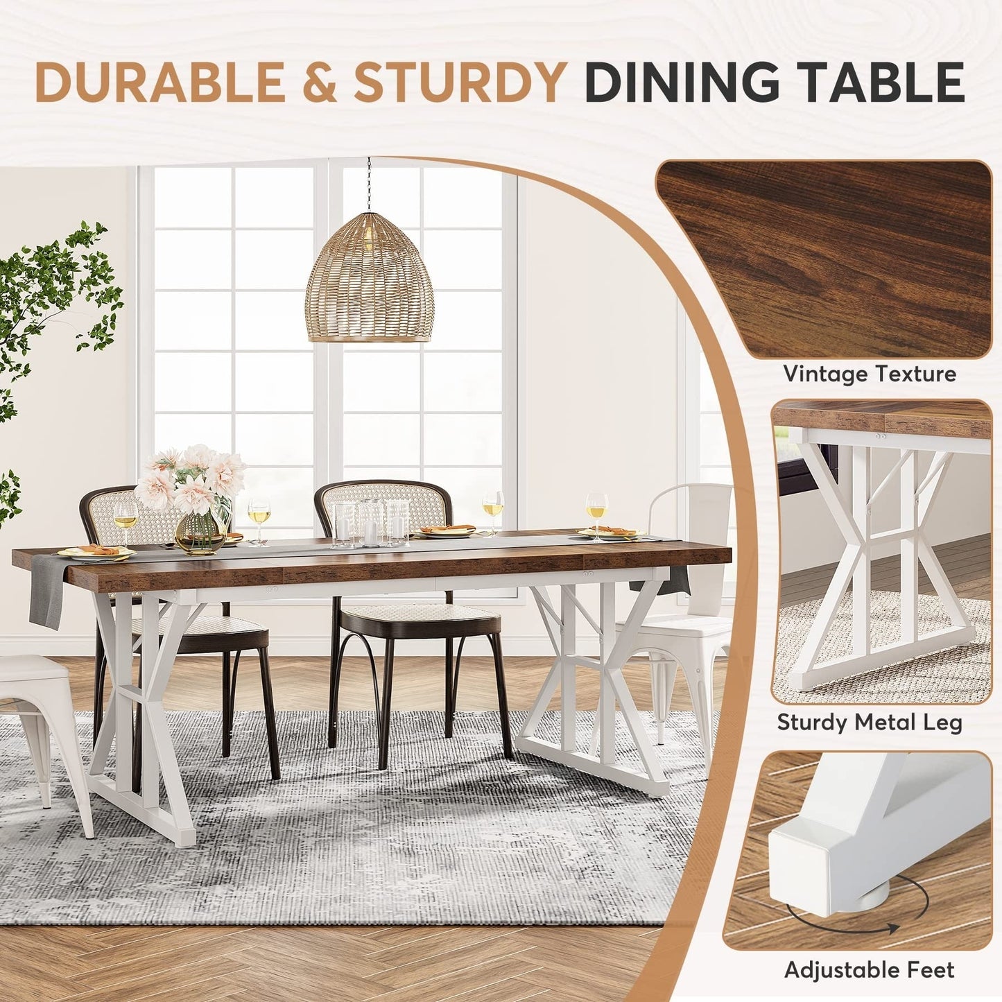 Farmhouse Dining Table for 6 People, 70.8-Inch Rectangular Wood Kitchen Table