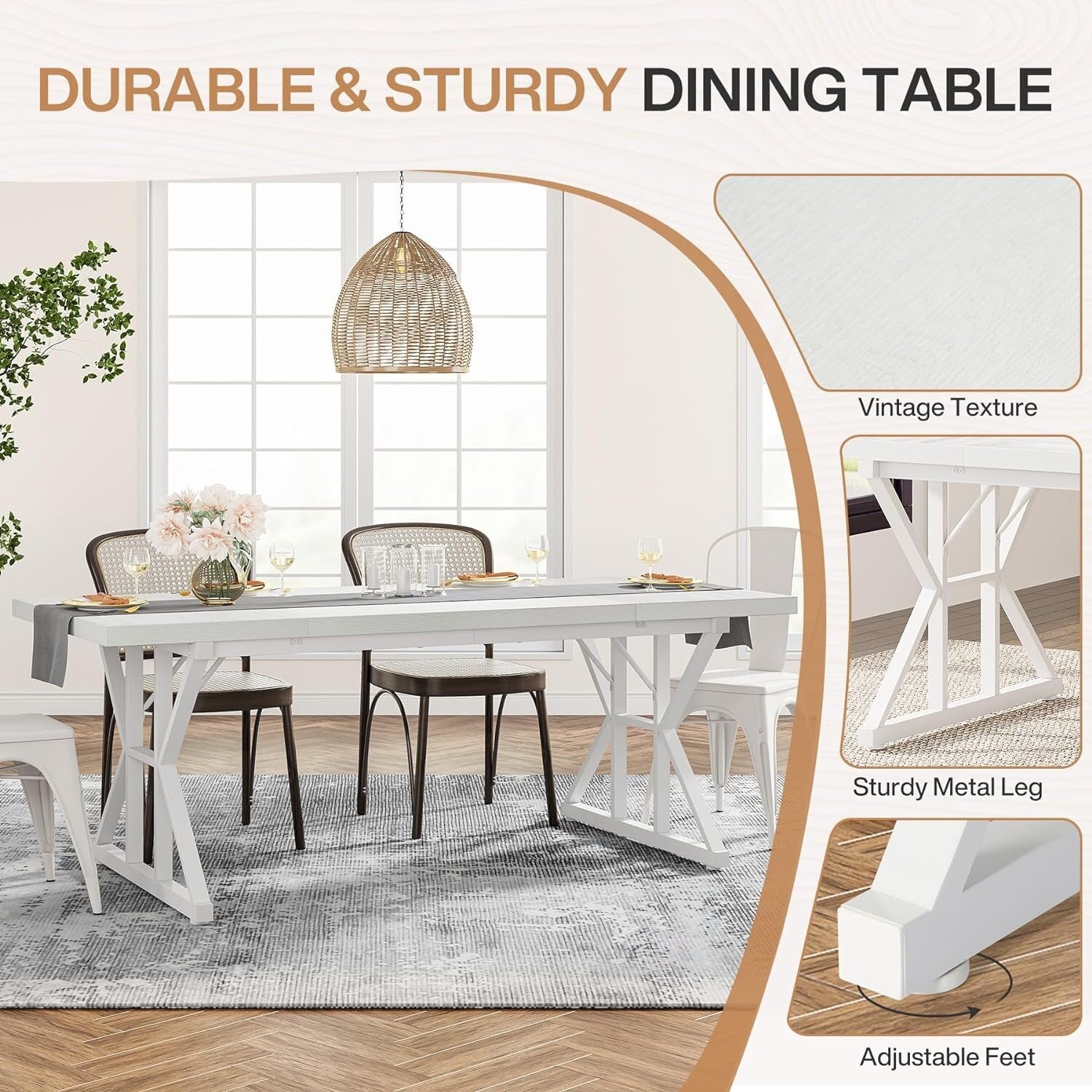 Farmhouse Dining Table for 6 People, 70.8-Inch Rectangular Wood Kitchen Table