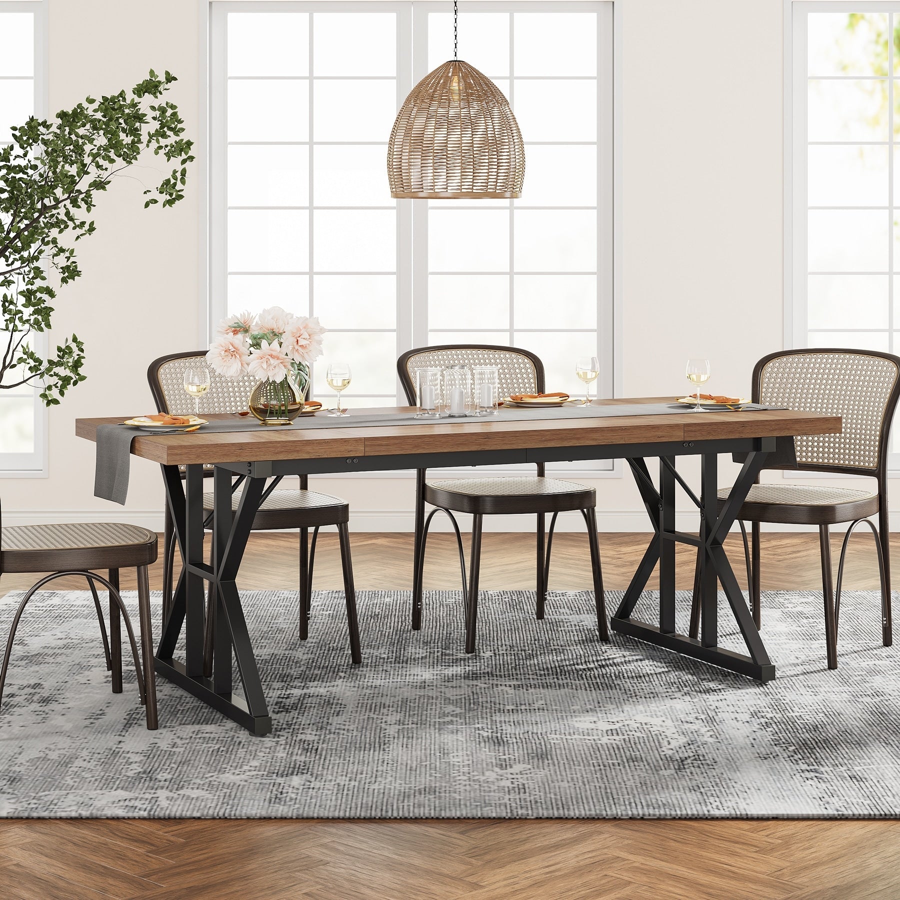 Farmhouse Dining Table for 6 People, 70.8-Inch Rectangular Wood Kitchen Table