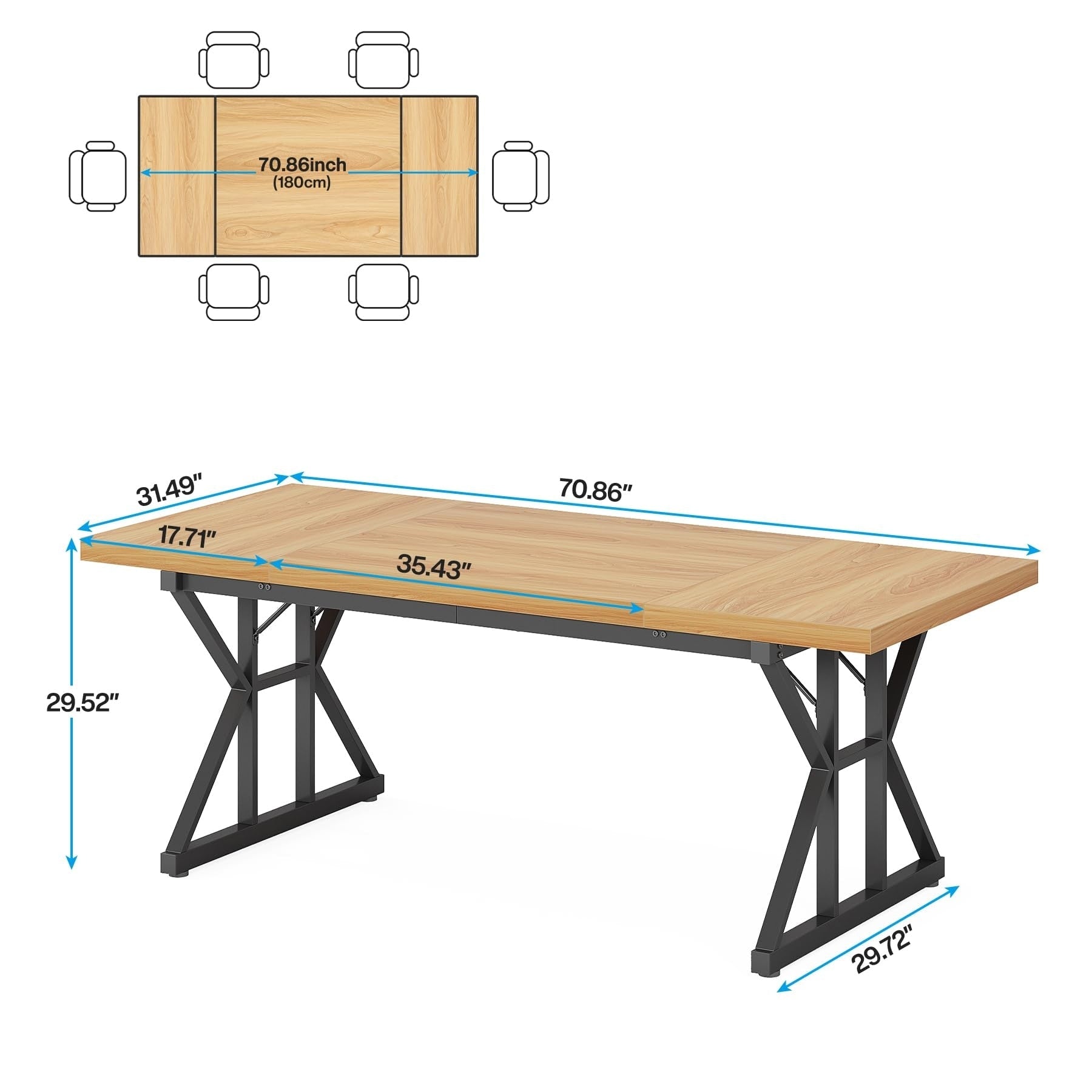 Farmhouse Dining Table for 6 People, 70.8-Inch Rectangular Wood Kitchen Table