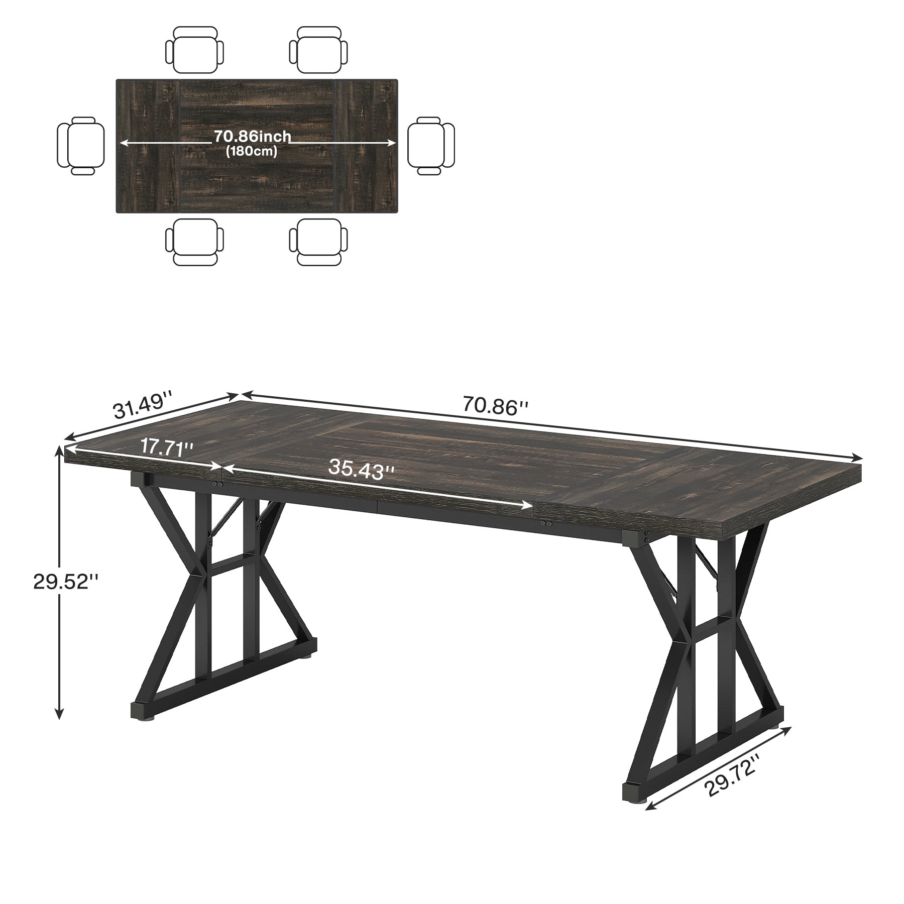 Farmhouse Dining Table for 6 People, 70.8-Inch Rectangular Wood Kitchen Table