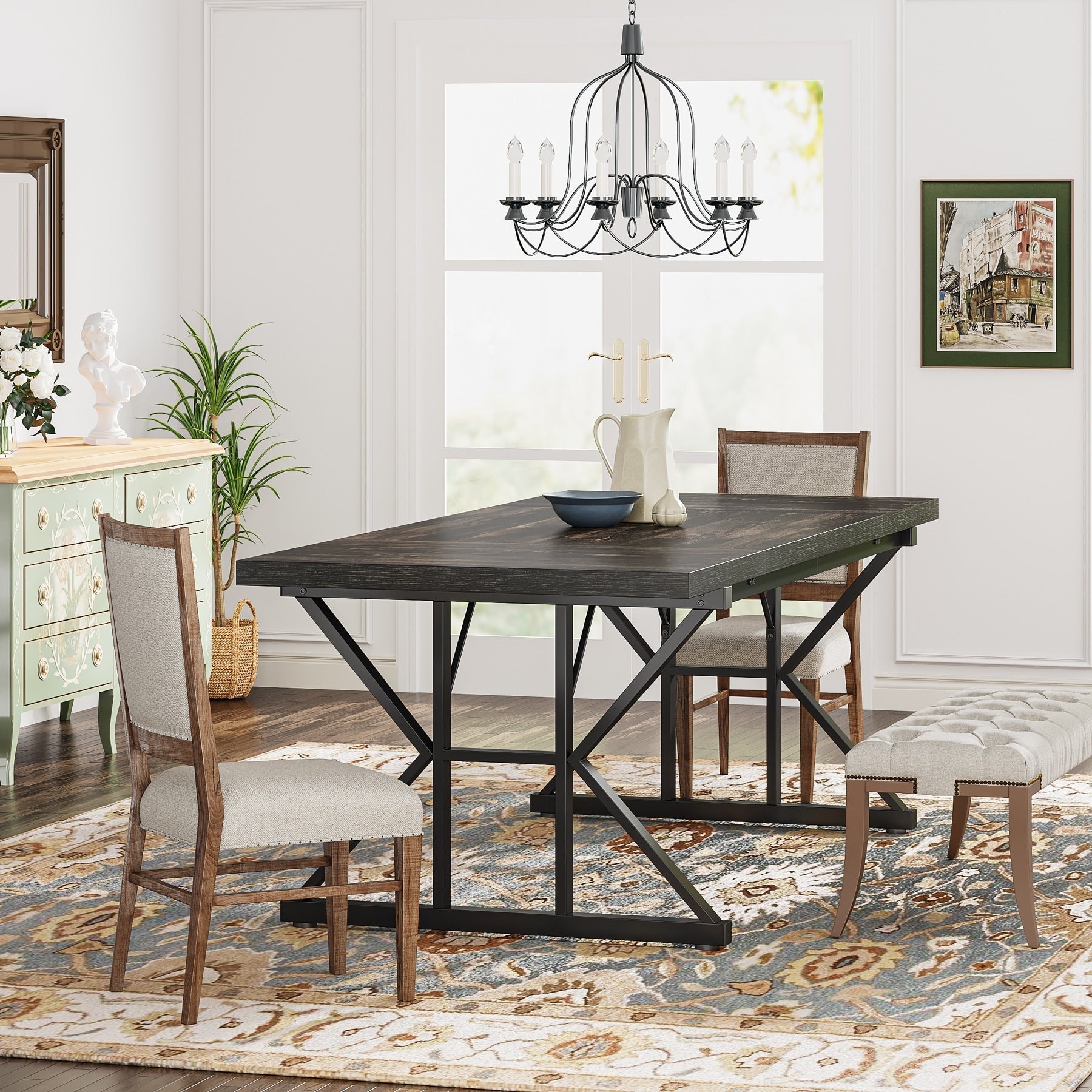 Farmhouse Dining Table for 6 People, 70.8-Inch Rectangular Wood Kitchen Table