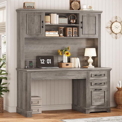 Farmhouse Executive Desk Home Office Desk File Drawer Monitor Stand Power Outlet