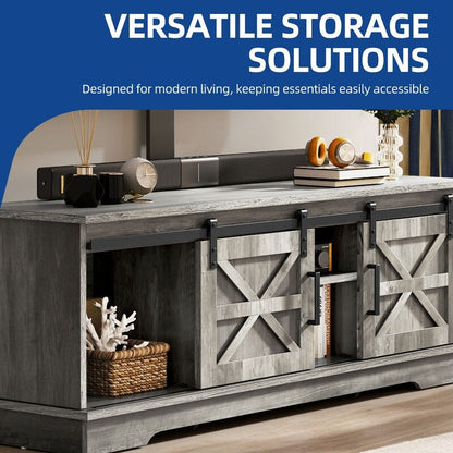 Farmhouse TV Stand for up to 65 TV with Doors and Open Shelves Media Console Power Outlet