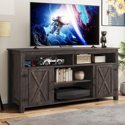 Farmhouse TV Stand for up to 65 TV with Doors and Open Shelves Media Console Power Outlet