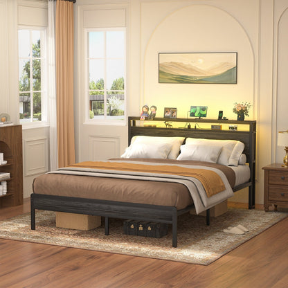 Farmhouse Wood Platform Bed Frame with Charged Station and LED Lights