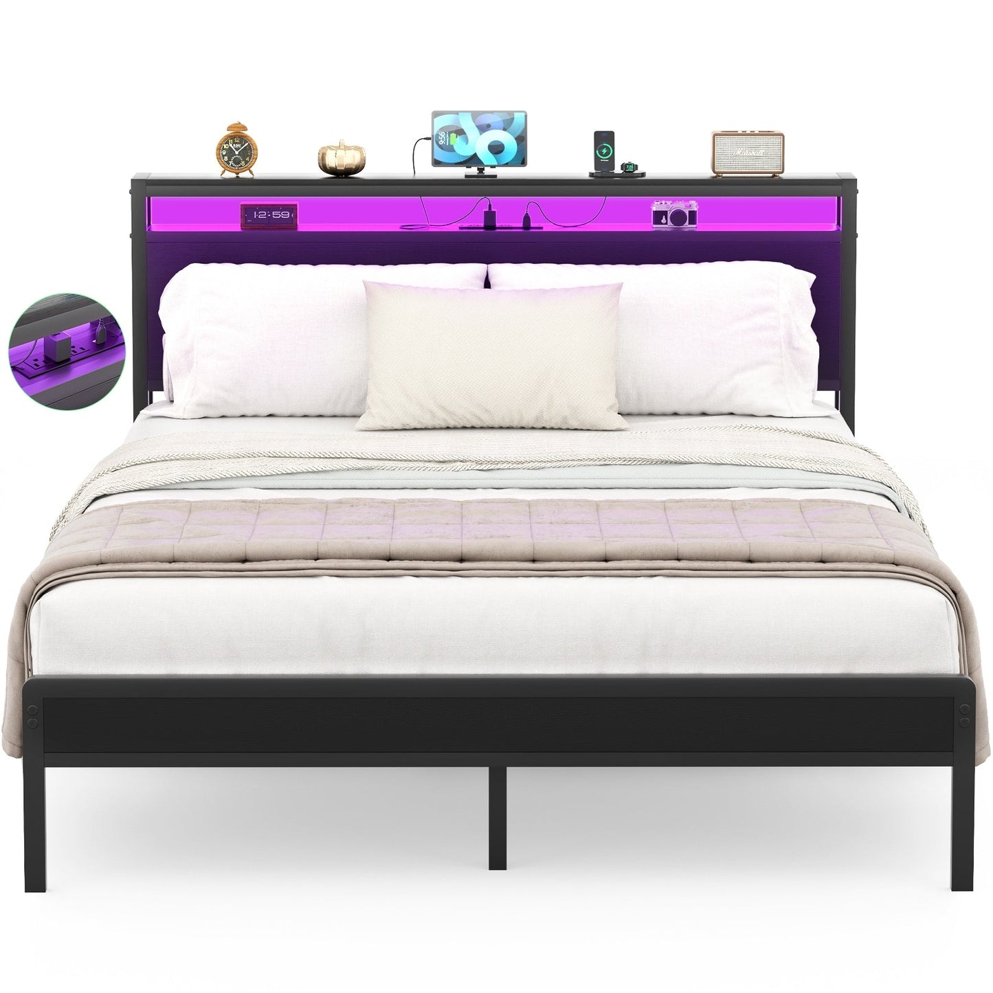 Farmhouse Wood Platform Bed Frame with Charged Station and LED Lights