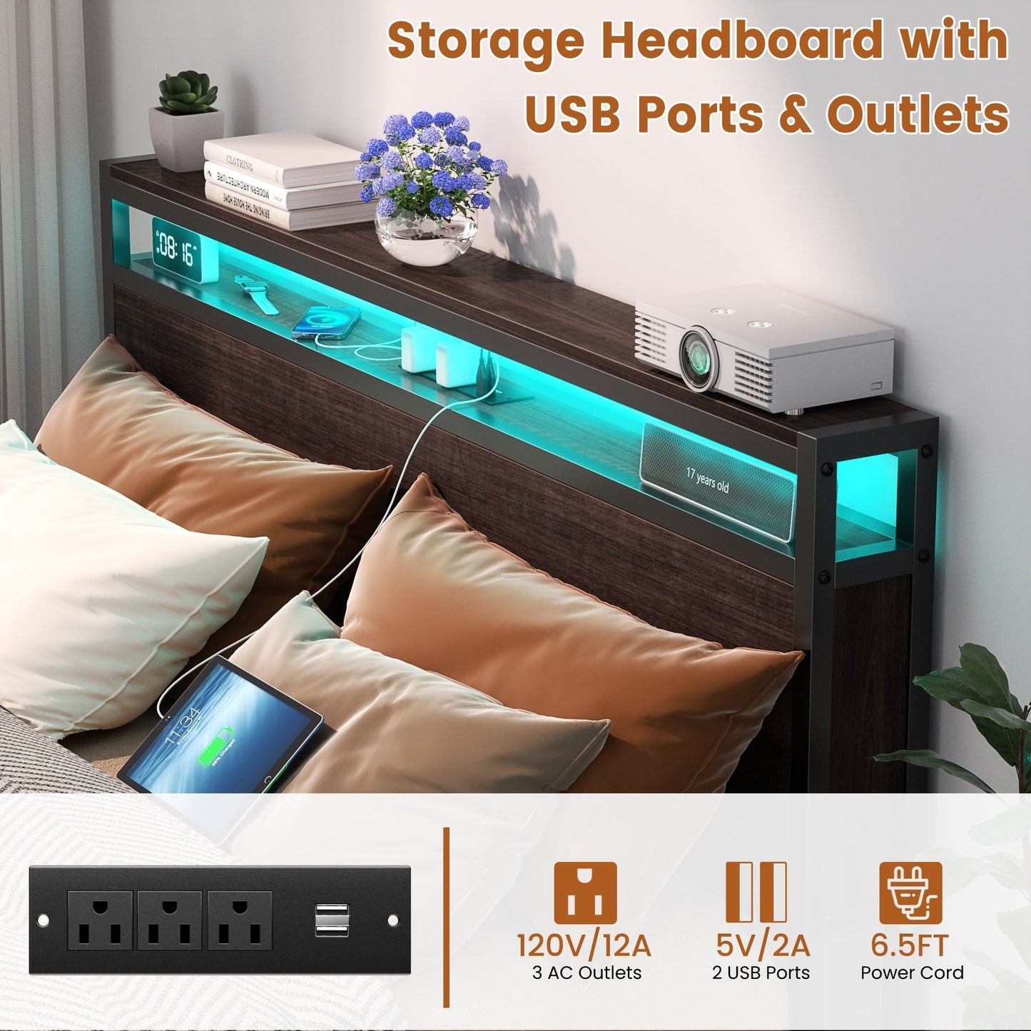 Farmhouse Wood Platform Bed Frame with Charged Station and LED Lights