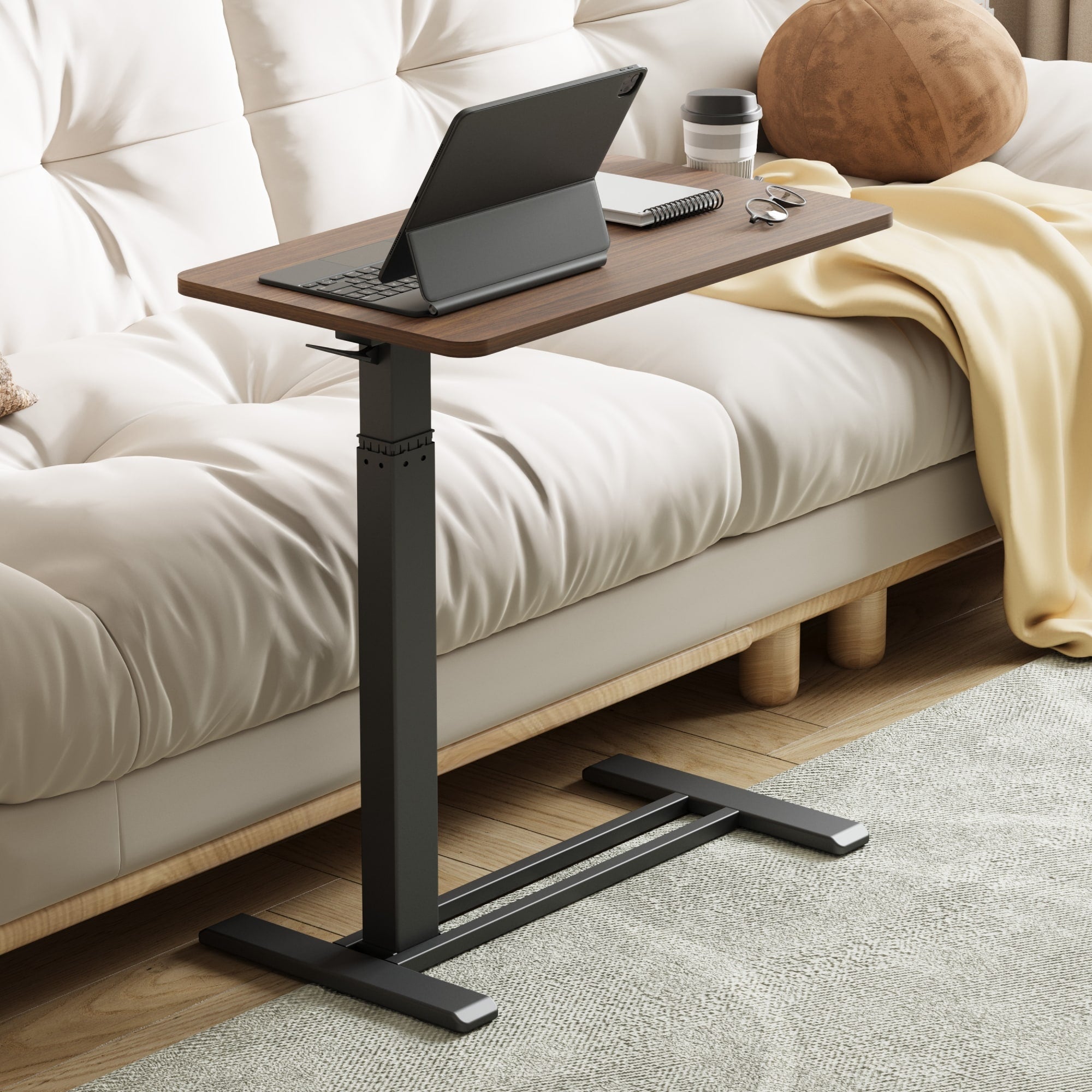 FunniHomi 28/32 Movable Overbed Table Height Adjustable Computer Desk with Wheels, White/Black Laptop Table for Bed and Sofa