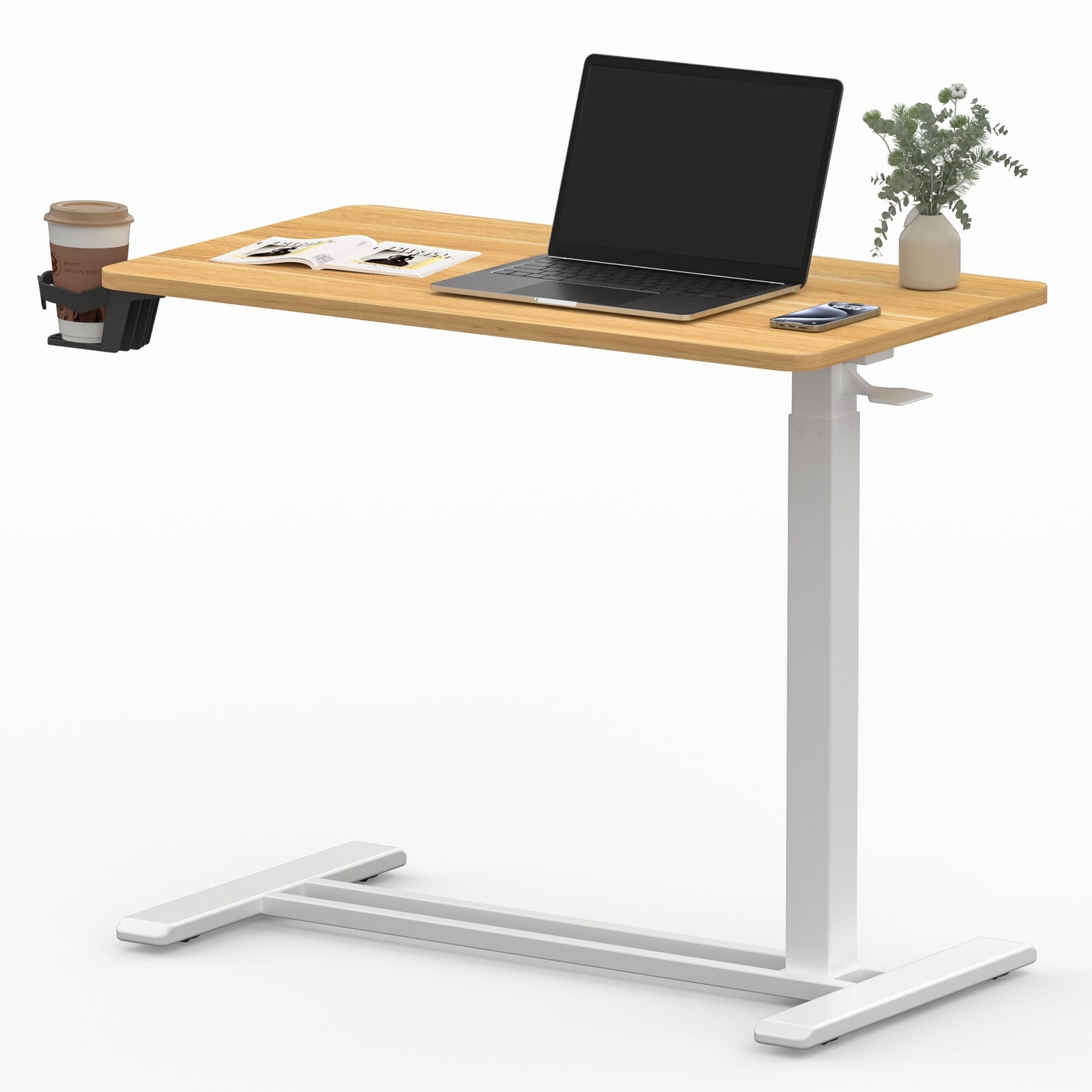 FunniHomi 28/32 Movable Overbed Table Height Adjustable Computer Desk with Wheels, White/Black Laptop Table for Bed and Sofa