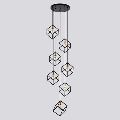 Geometric Pendant Chandelier for Stairway / Staircase, Adjustable Height 5 or 7 Light Cluster