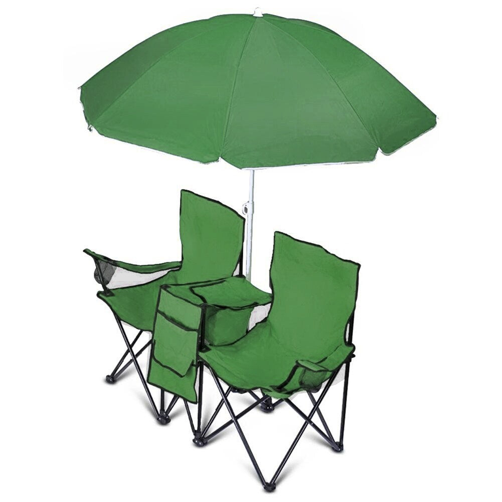 GoTeam Portable Double Folding Chair w/Removable Umbrella, Cooler Bag and Carry Case