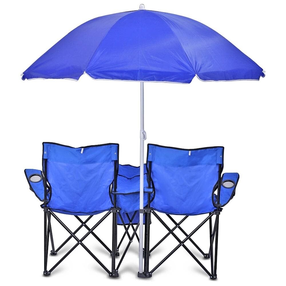 GoTeam Portable Double Folding Chair w/Removable Umbrella, Cooler Bag and Carry Case