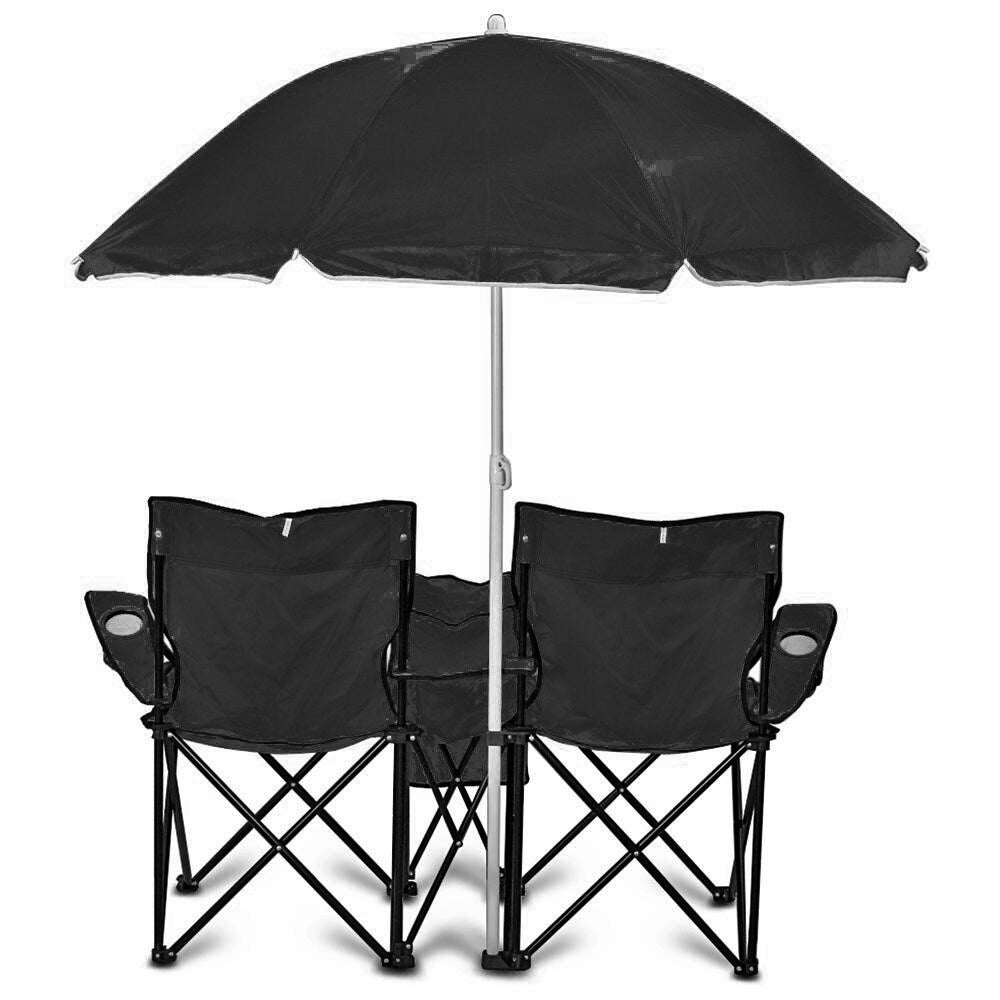 GoTeam Portable Double Folding Chair w/Removable Umbrella, Cooler Bag and Carry Case