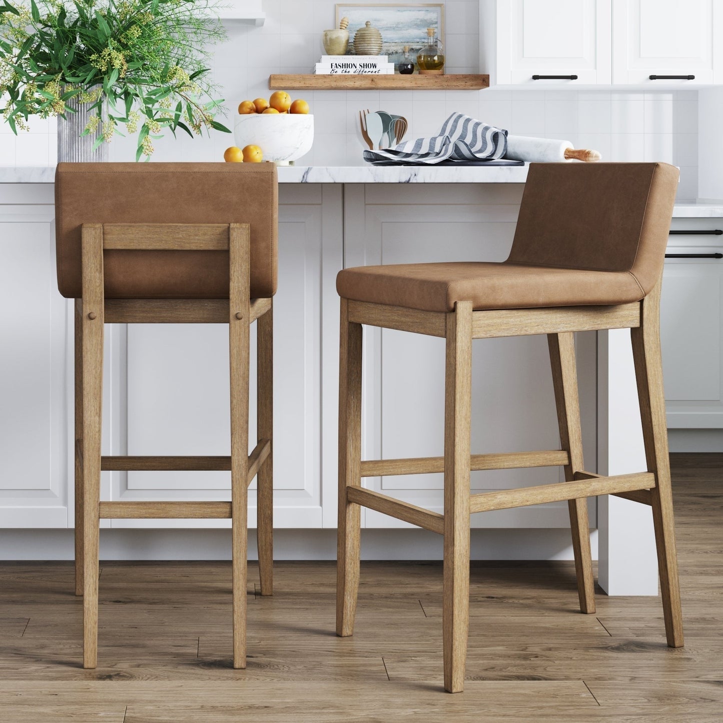 Gracie Modern Bar Stool, Boucle Upholstered Chair and Brushed Wooden Legs