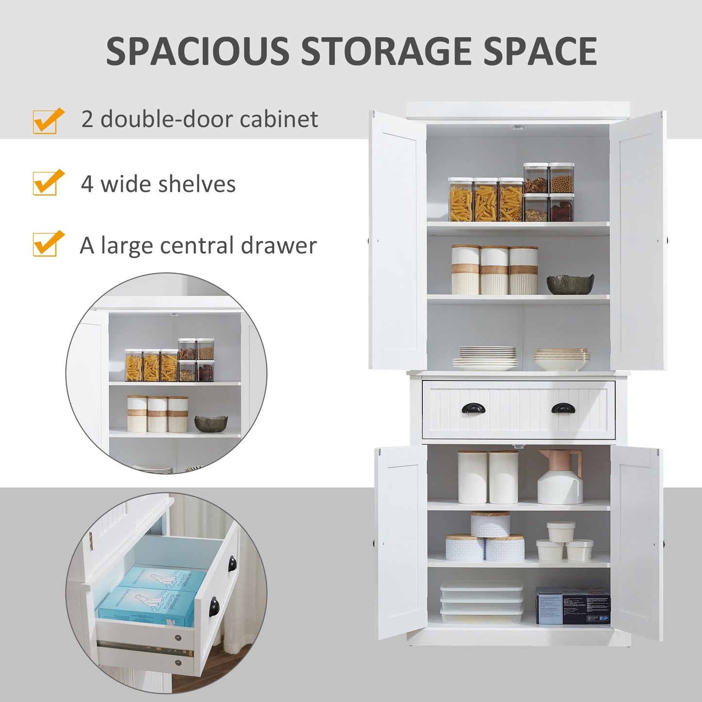 HOMCOM 72 Traditional Freestanding Kitchen Pantry Cabinet Cupboard with Doors and 3 Adjustable Shelves, White