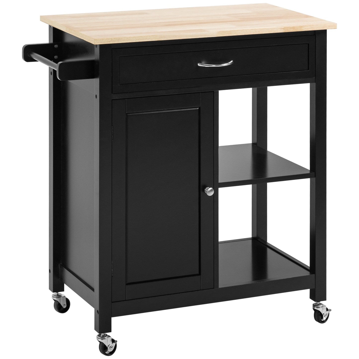 HOMCOM Kitchen Trolley, Wood Top Utility Cart on Wheels with Open Shelf and Storage Drawer for Dining Room, Kitchen