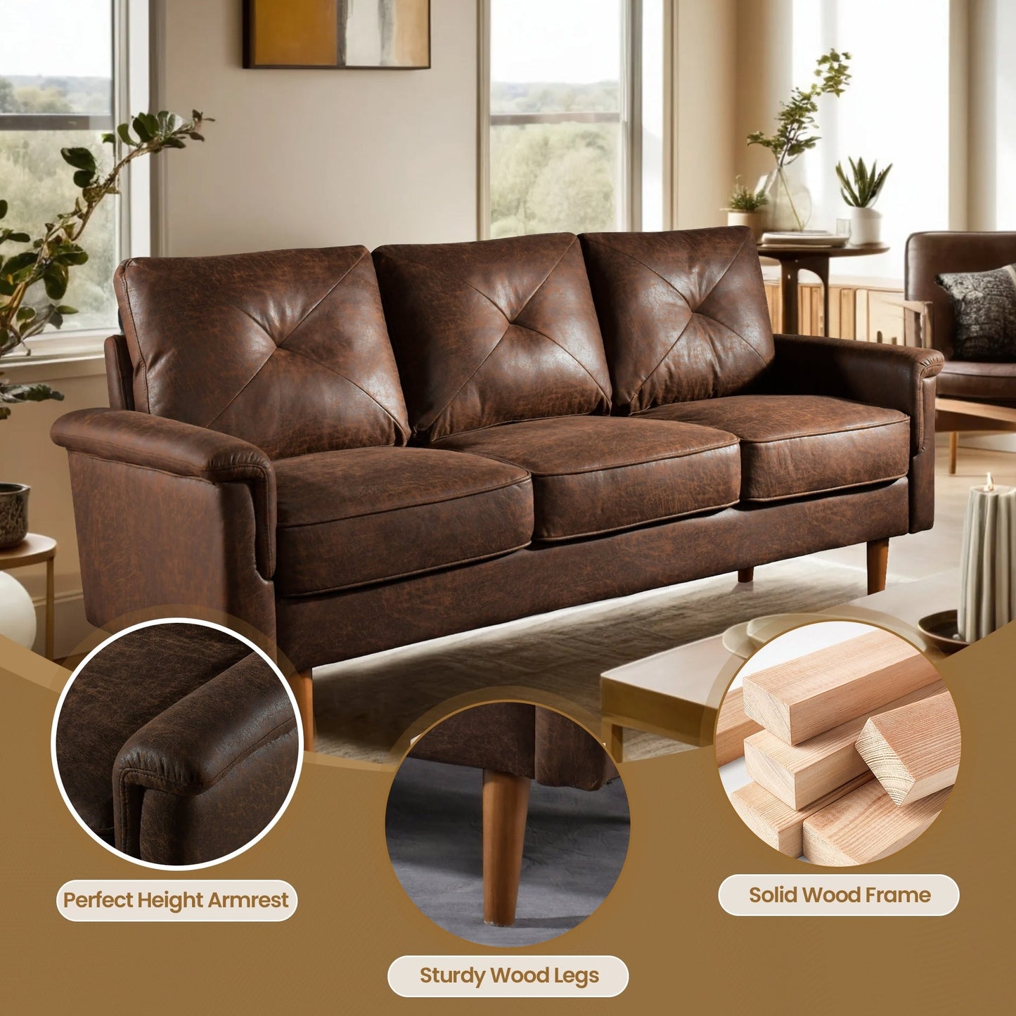 HOOOWOOO Mid-Century 3-Seat Upholstered Sofa with Wood Legs for Living Room