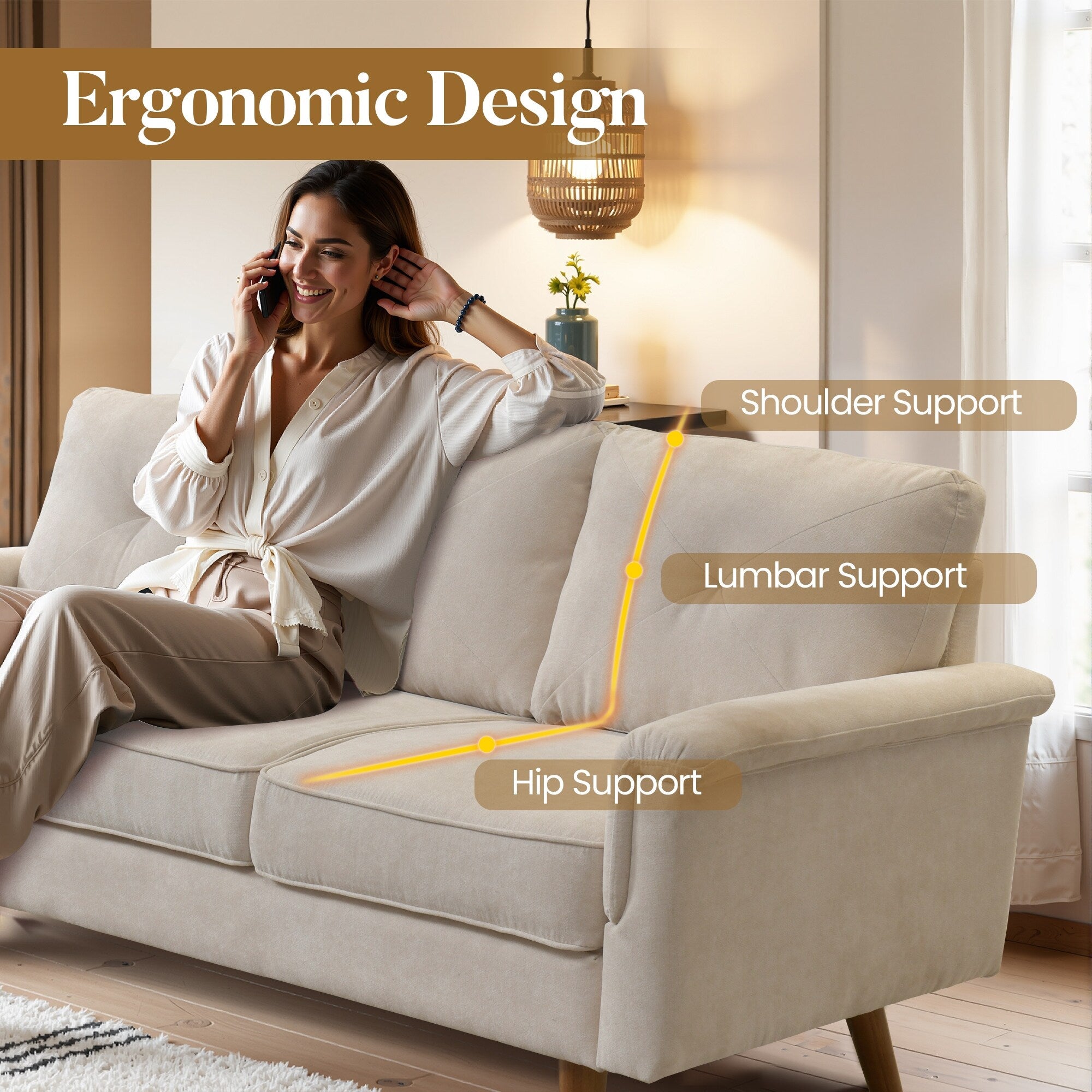 HOOOWOOO Mid-Century 3-Seat Upholstered Sofa with Wood Legs for Living Room