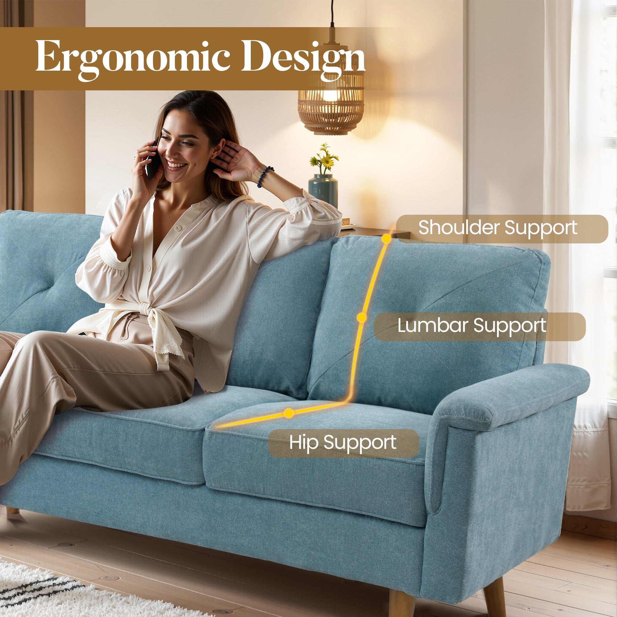 HOOOWOOO Mid-Century 3-Seat Upholstered Sofa with Wood Legs for Living Room