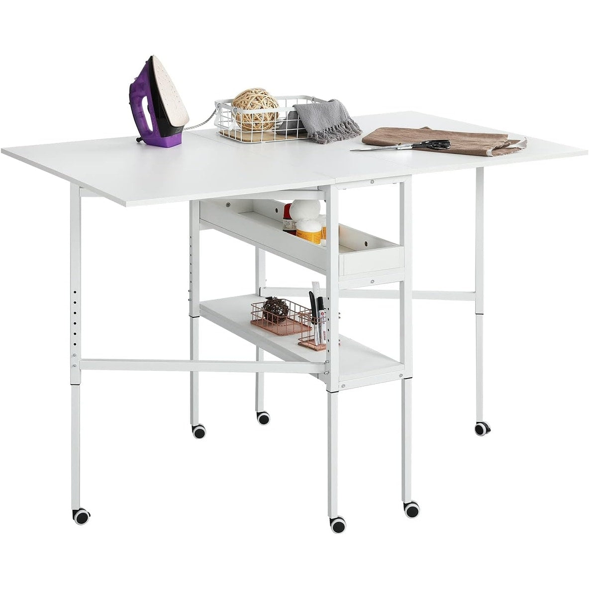 Height Adjustable Craft Table with Storage Shelves, Mobile Folding Cutting Table for Home Office Sewing Room Craft Room