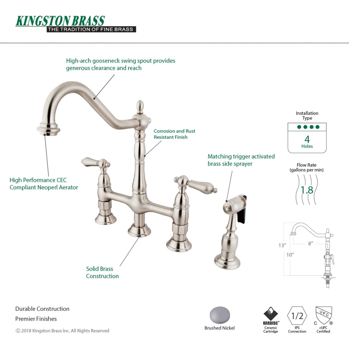 Heritage Bridge Kitchen Faucet with Brass Sprayer