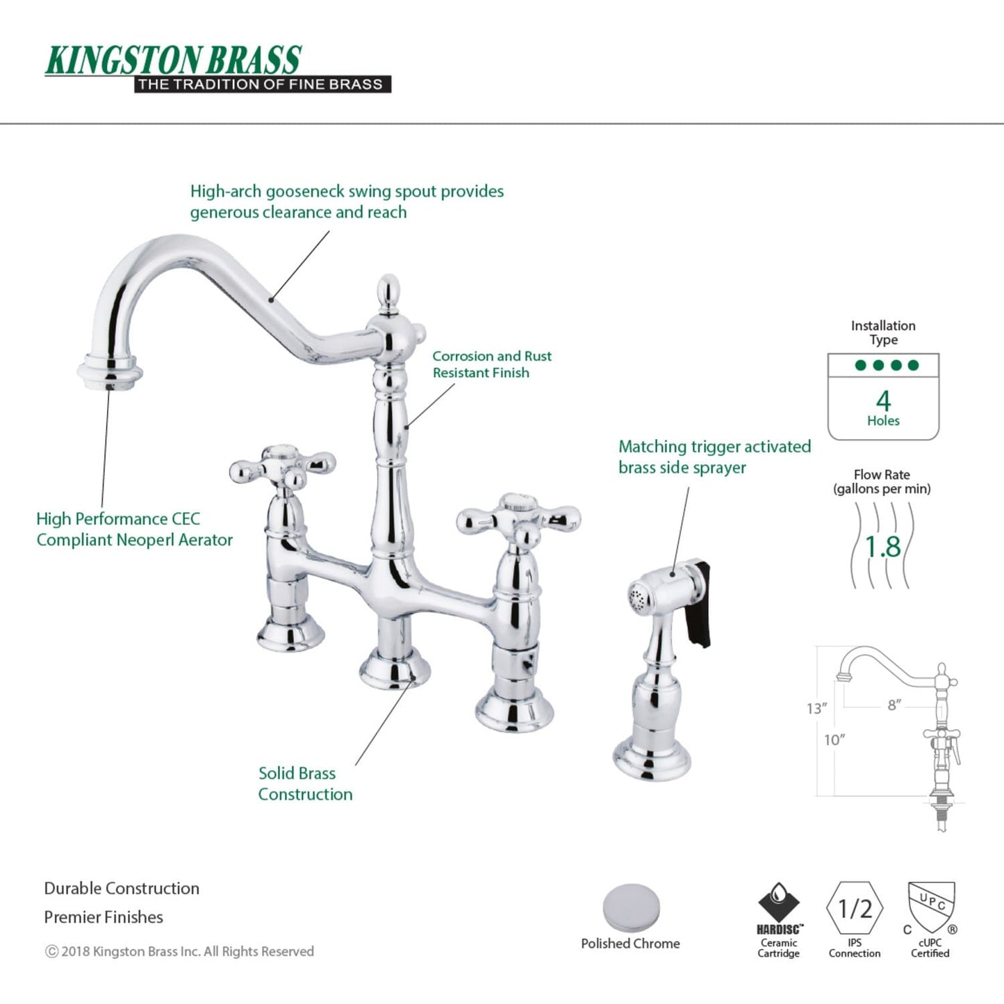 Heritage Bridge Kitchen Faucet with Brass Sprayer