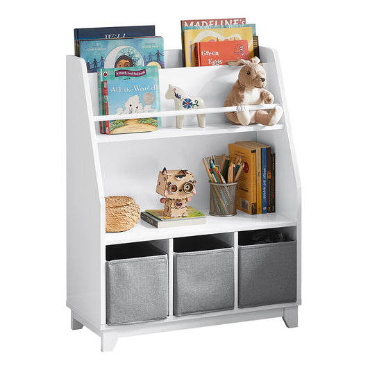 SoBuy KMB34-W, Bibliothèque pour enfants, étagère à livres, étagère à jouets, meuble de rangement avec 3 tiroirs en tissu
