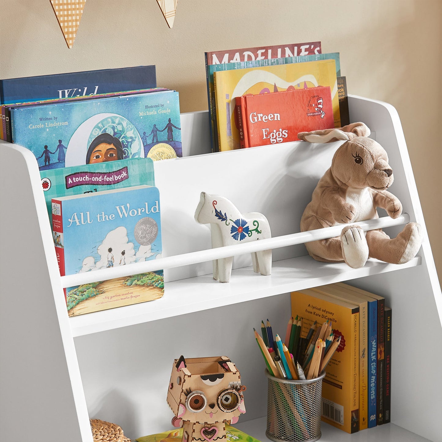 SoBuy KMB34-W, Bibliothèque pour enfants, étagère à livres, étagère à jouets, meuble de rangement avec 3 tiroirs en tissu
