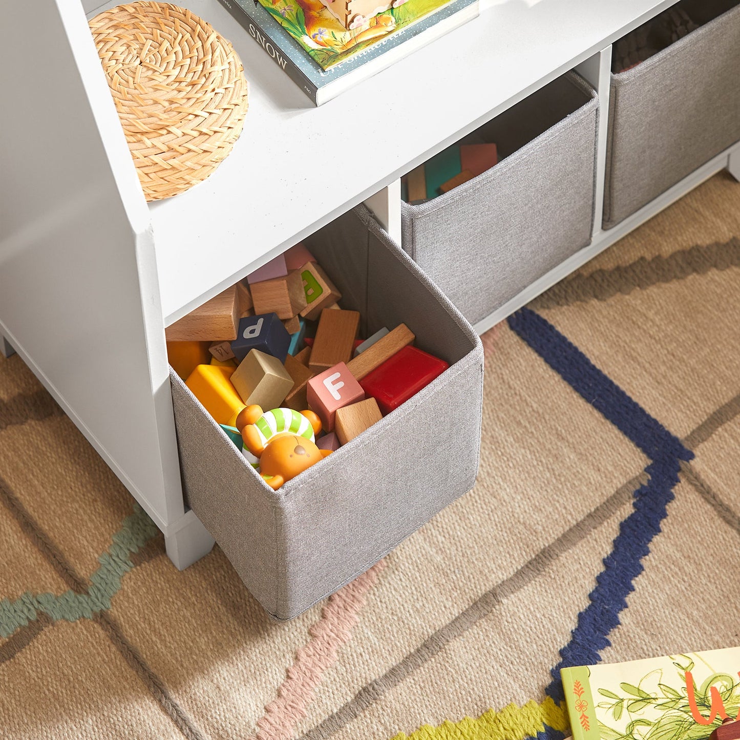 SoBuy KMB34-W, Bibliothèque pour enfants, étagère à livres, étagère à jouets, meuble de rangement avec 3 tiroirs en tissu