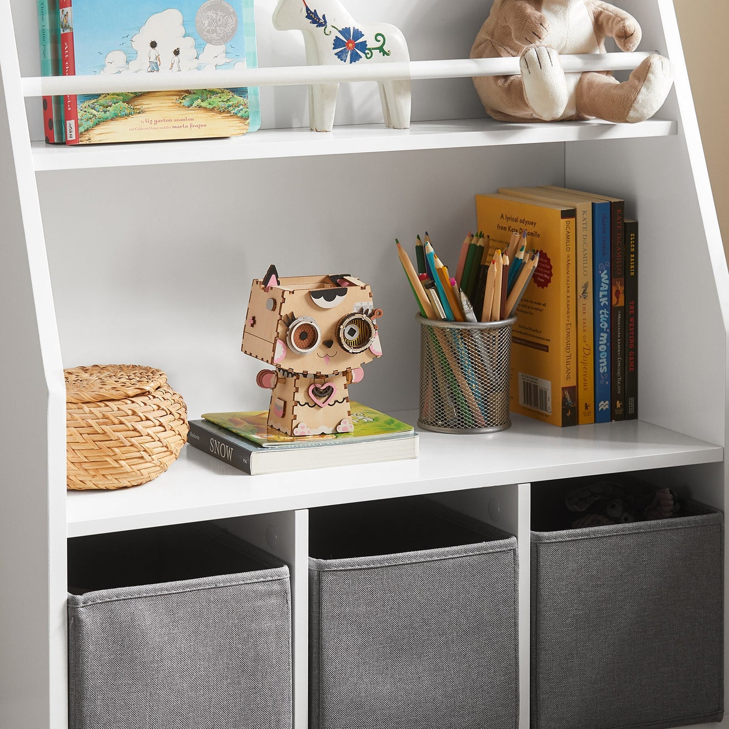 SoBuy KMB34-W, Bibliothèque pour enfants, étagère à livres, étagère à jouets, meuble de rangement avec 3 tiroirs en tissu