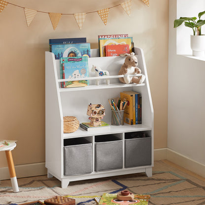 SoBuy KMB34-W, Bibliothèque pour enfants, étagère à livres, étagère à jouets, meuble de rangement avec 3 tiroirs en tissu