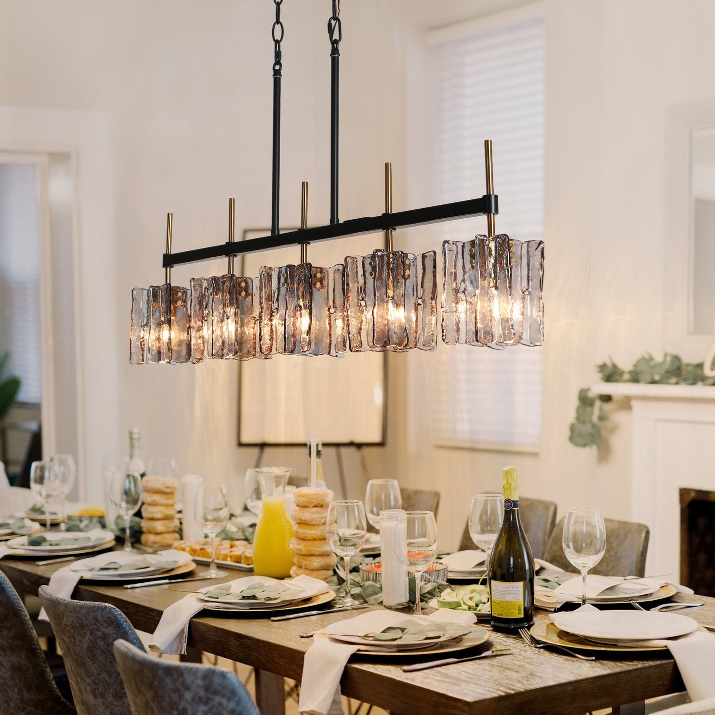 Kasy Modern 5-Light Linear Chandelier Textured Glass Kitchen Island Light Unique Design