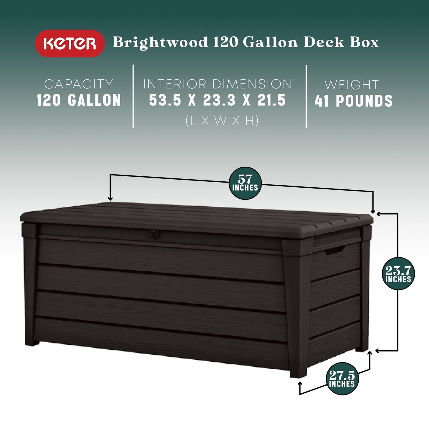 Keter Brightwood 120gal Weatherproof Resin Patio Deck Storage Box Bench, Brown - 40