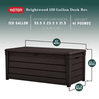 Keter Brightwood 120gal Weatherproof Resin Patio Deck Storage Box Bench, Brown - 40