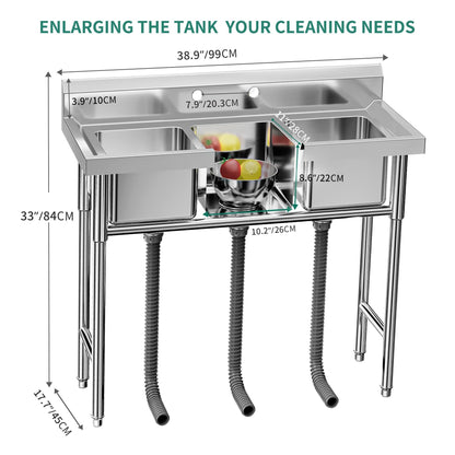 Kitchen Sink Stainless Steel Compartment Bowl Freestanding Commercial Sink