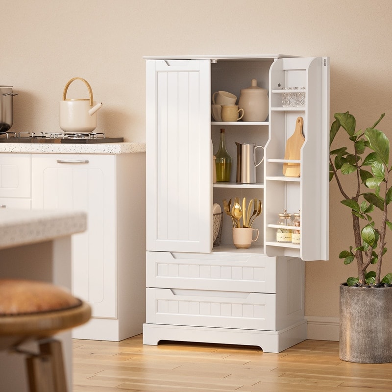 Kitchen Storage Pantry Cabinet, Freestanding Bathroom Storage Cabinet with 2 Doors and Drawers