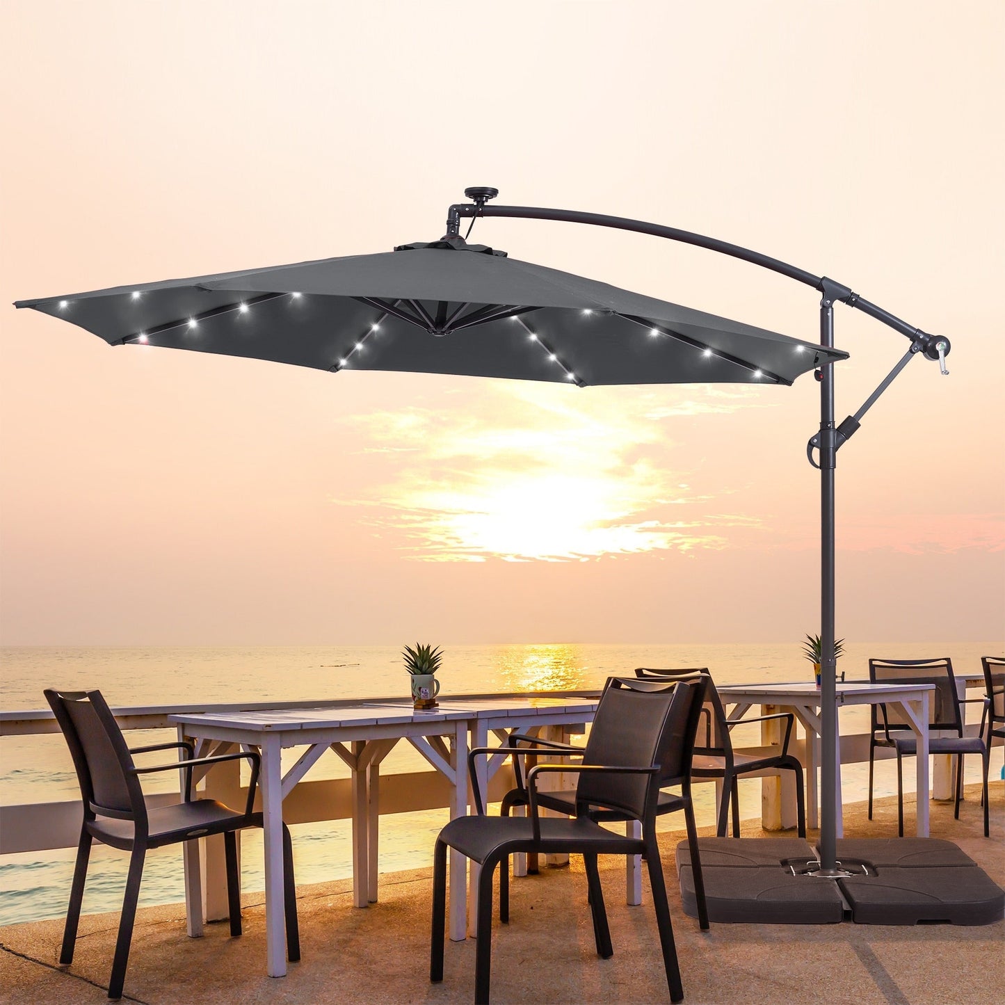 LIVOOSUN 10ft LED Patio Offset Umbrella With Cross Base